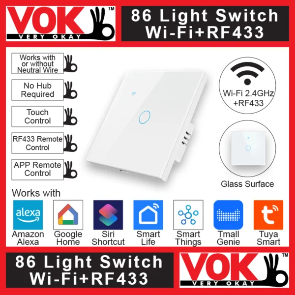 VOK-1004ww1-Smart Wi-Fi RF433 1 Gang White Light Switch 86-EU-UK Borderless Glass with LED Indicator