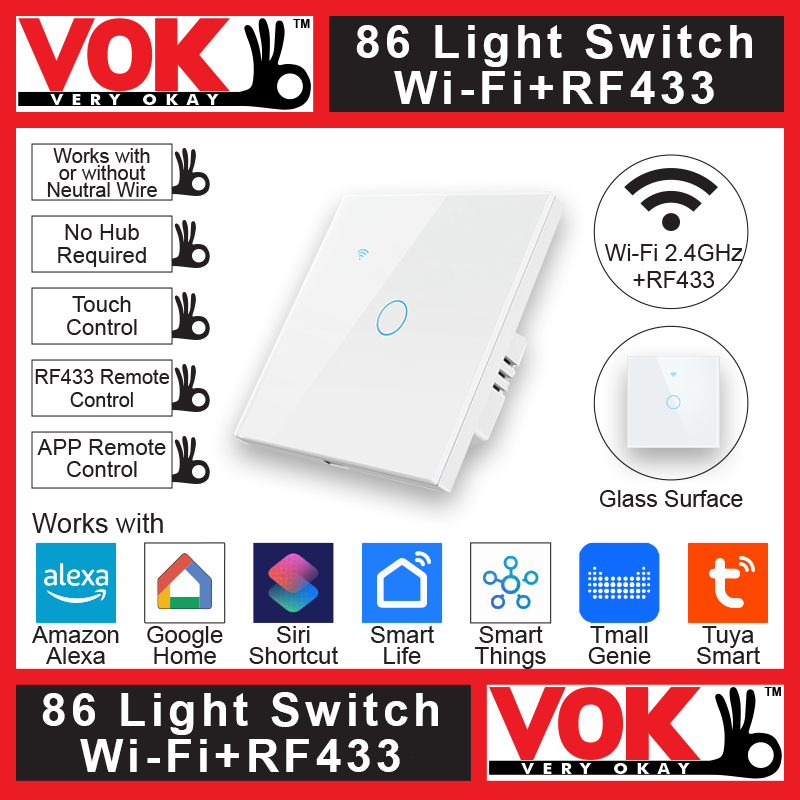 VOK-1004ww1-Smart Wi-Fi RF433 1 Gang White Light Switch 86-EU-UK Borderless Glass with LED Indicator