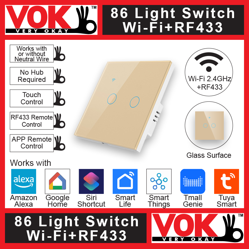 VOK-1005wg2-Smart Wi-Fi RF433 2 Gang Gold Light Switch 86-EU-UK Borderless Glass with LED Indicator