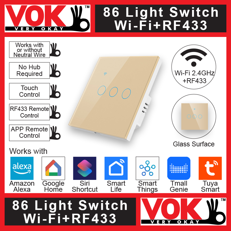 VOK-1006wg3-Smart Wi-Fi RF433 3 Gang Gold Light Switch 86-EU-UK Borderless Glass with LED Indicator