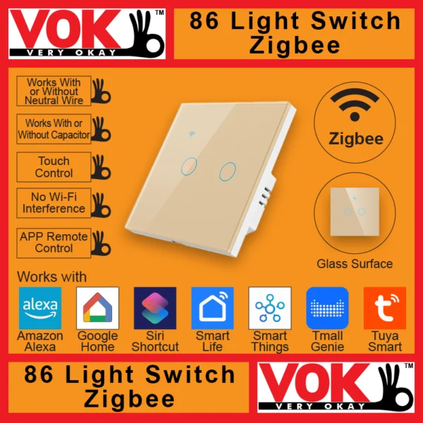 VOK-1009zg2-Smart Zigbee 2 Gang Gold Light Switch 86-EU-UK Borderless Glass with LED Indicator