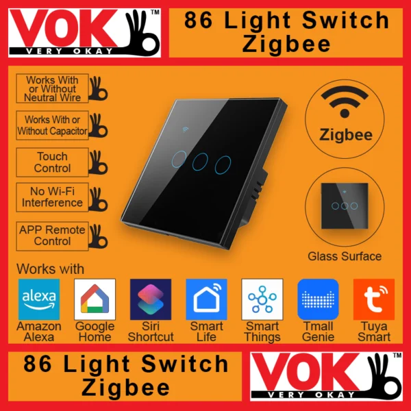 VOK-1010zb3-Smart Zigbee 3 Gang Black Light Switch 86-EU-UK Borderless Glass with LED Indicator