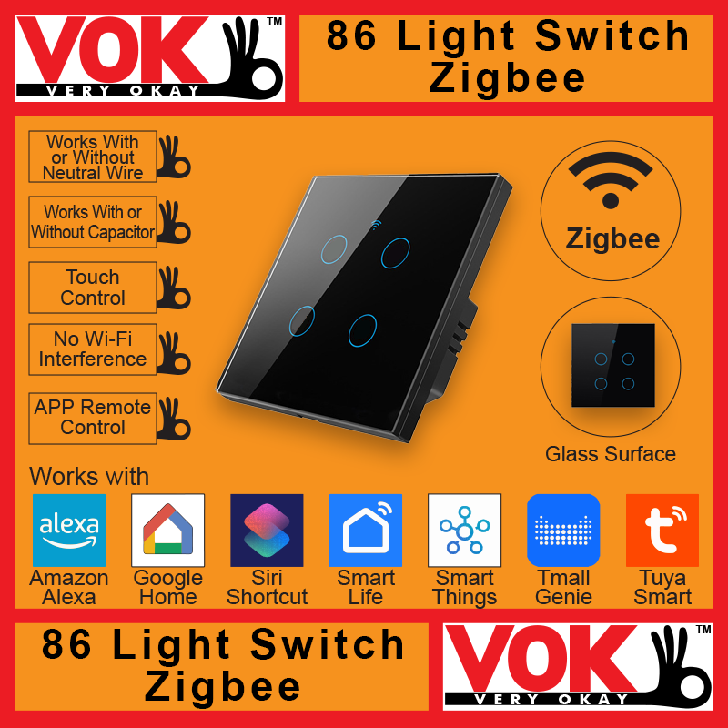 VOK-1011zb4-Smart Zigbee 4 Gang Black Light Switch 86-EU-UK Borderless Glass with LED Indicator