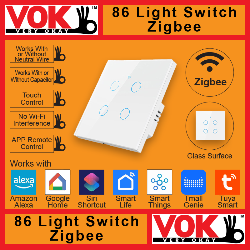 VOK-1011zw4-Smart Zigbee 4 Gang White Light Switch 86-EU-UK Borderless Glass with LED Indicator