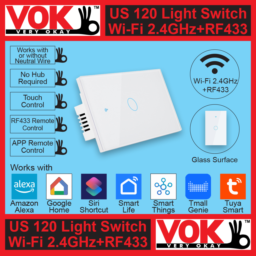 VOK Smart Wi-Fi+RF433 1-Gang White Color 120 USA American Standard Borderless Glass Power Light Switch Indoor Control Panel with LED Indicator