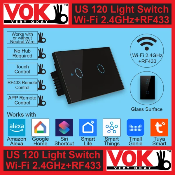 VOK Smart Wi-Fi+RF433 2-Gang Black Color 120 USA American Standard Borderless Glass Power Light Switch Indoor Control Panel with LED Indicator