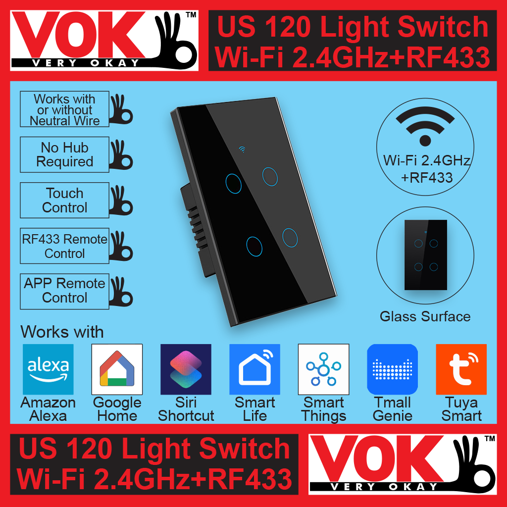 VOK Smart Wi-Fi+RF433 4-Gang Black Color 120 USA American Standard Borderless Glass Power Light Switch Indoor Control Panel with LED Indicator