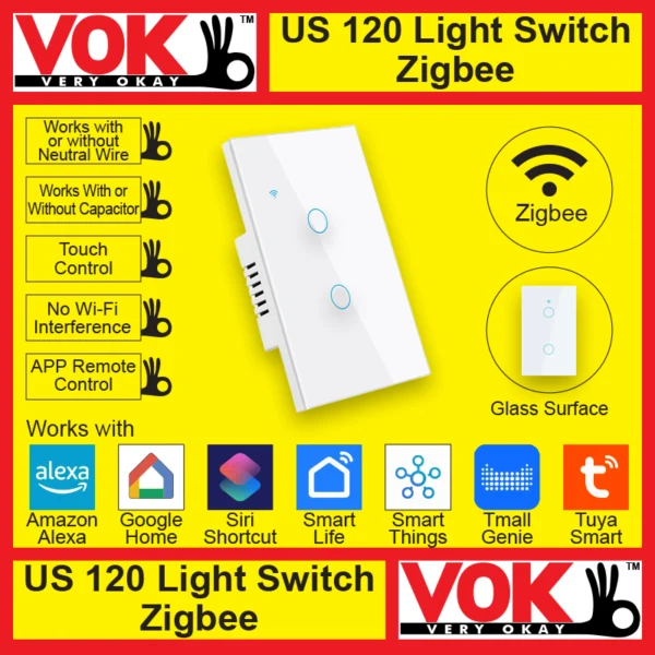 VOK-1017-120zw2-Smart Zigbee 2 Gang White Light Switch US 120 Borderless Glass with LED Indicator