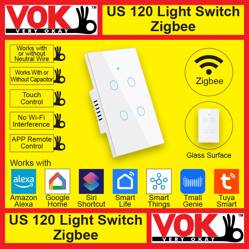 VOK-1019-120zw4-Smart Zigbee 4 Gang White Light Switch US 120 Borderless Glass with LED Indicator